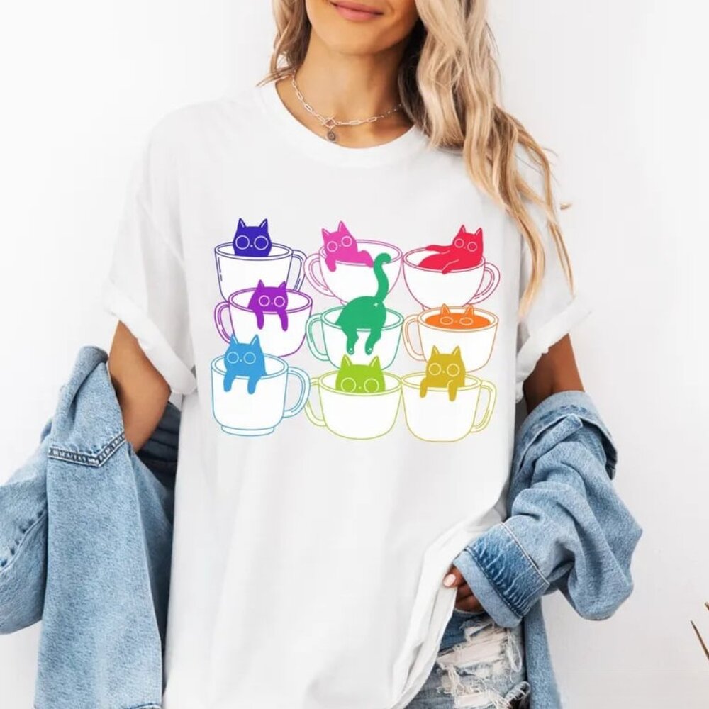 Cute Rainbow Cats Shirt, Cat And Coffee Tee, Gift For Cat Lover